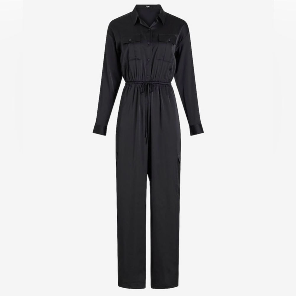Black full length jumpsuit with long sleeves belted waist and collar
